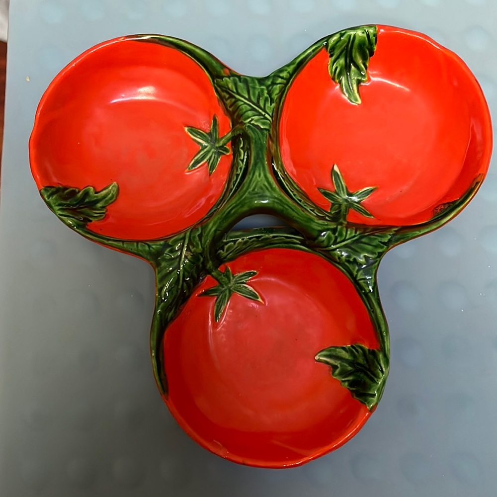 Vintage Maruhon "Tomato" 3-part Condiment Dish with center handle Japan 1950s